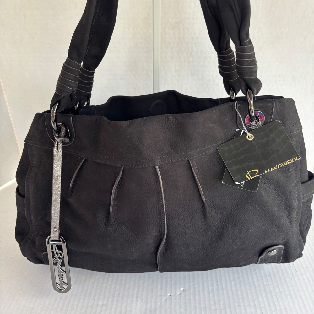 B. Makowsky Bella E/W Tote Bag Womens Large Black Leather Pleated BM18020 - Picture 15 of 16